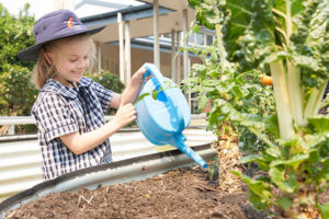 Girl in uniform and hat watering plants in a school garden